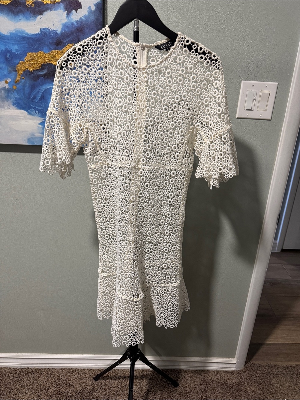 Eliza J White Eyelet Lace Fit-and-Flare Mini Dress